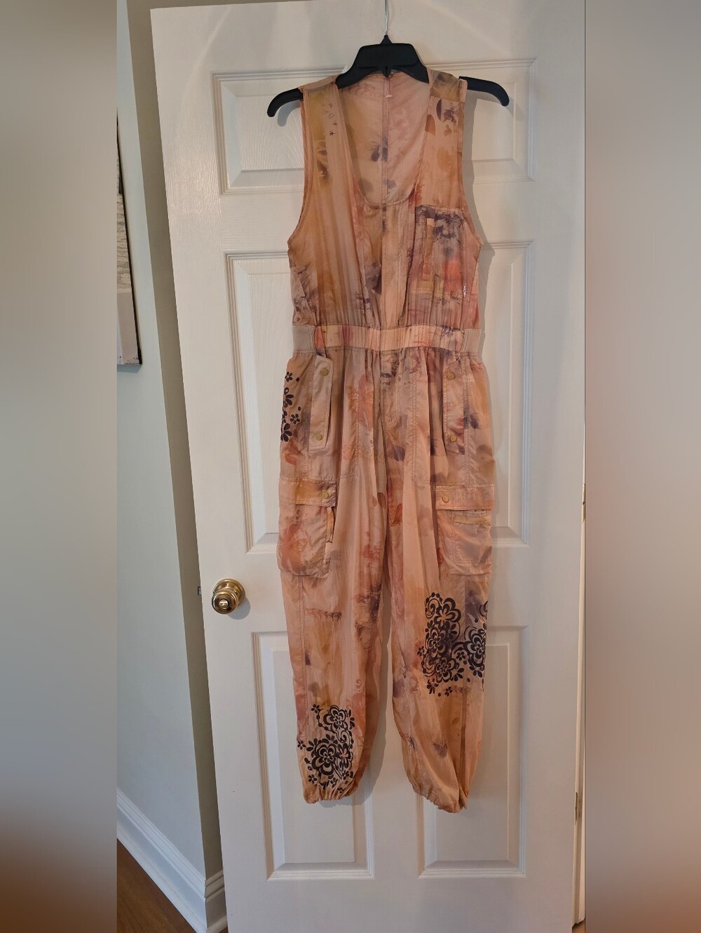 Anthropologie Peach Floral Utility Jumpsuit with Black Medallion Prints